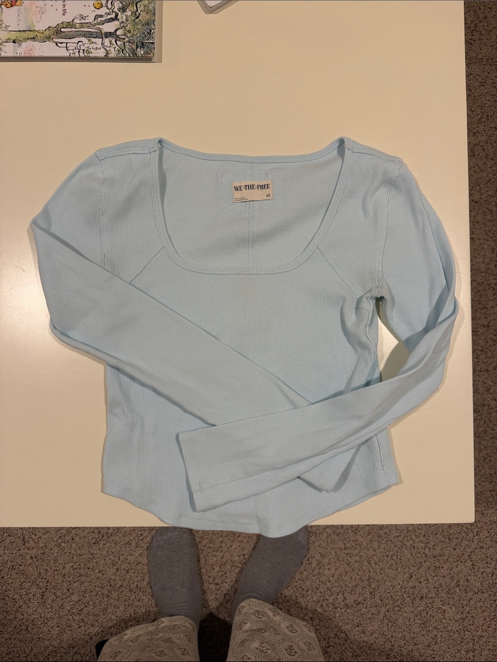 Free People Pastel Blue Ribbed Square-Neck Long Sleeve Top